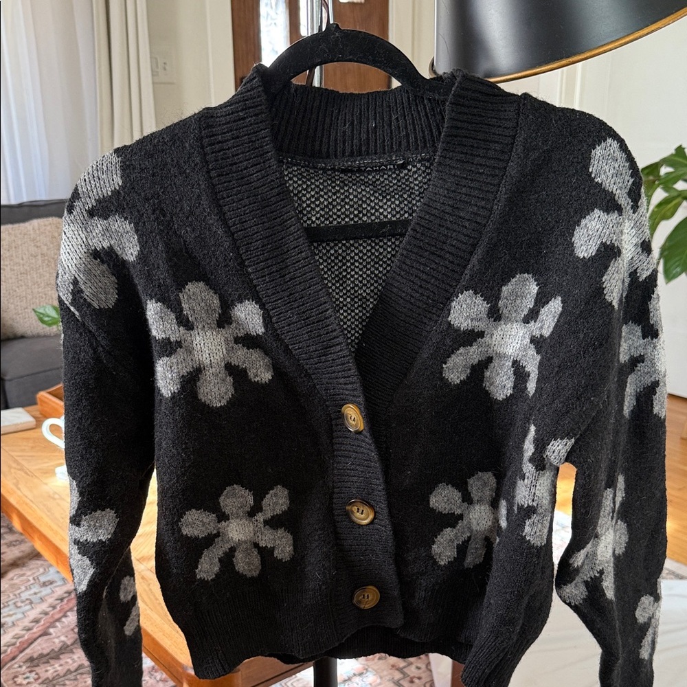 Tahari Black Cardigan with Gray Floral Pattern